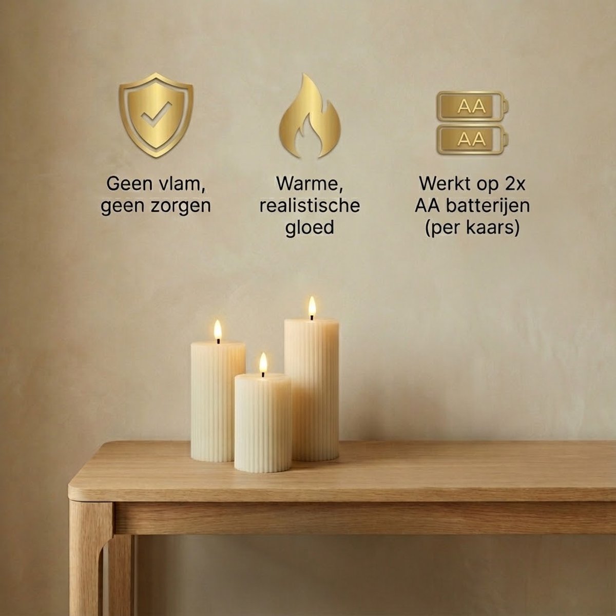 OMNIEXA LED Stompkaarsen Set (3 Stuks) - Ribbed Design Crème