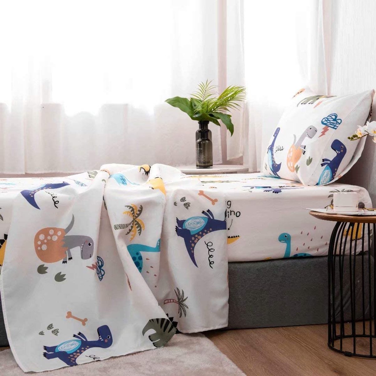 MAZAZU Kinderdekbedovertrek Set - Dinosaurus Print - Blauw