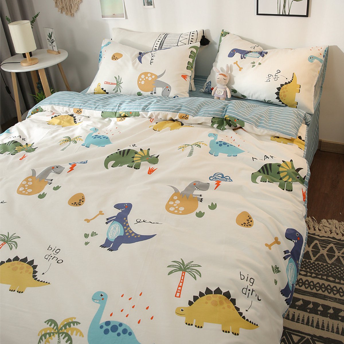 MAZAZU Kinderdekbedovertrek Set - Dinosaurus Print - Blauw