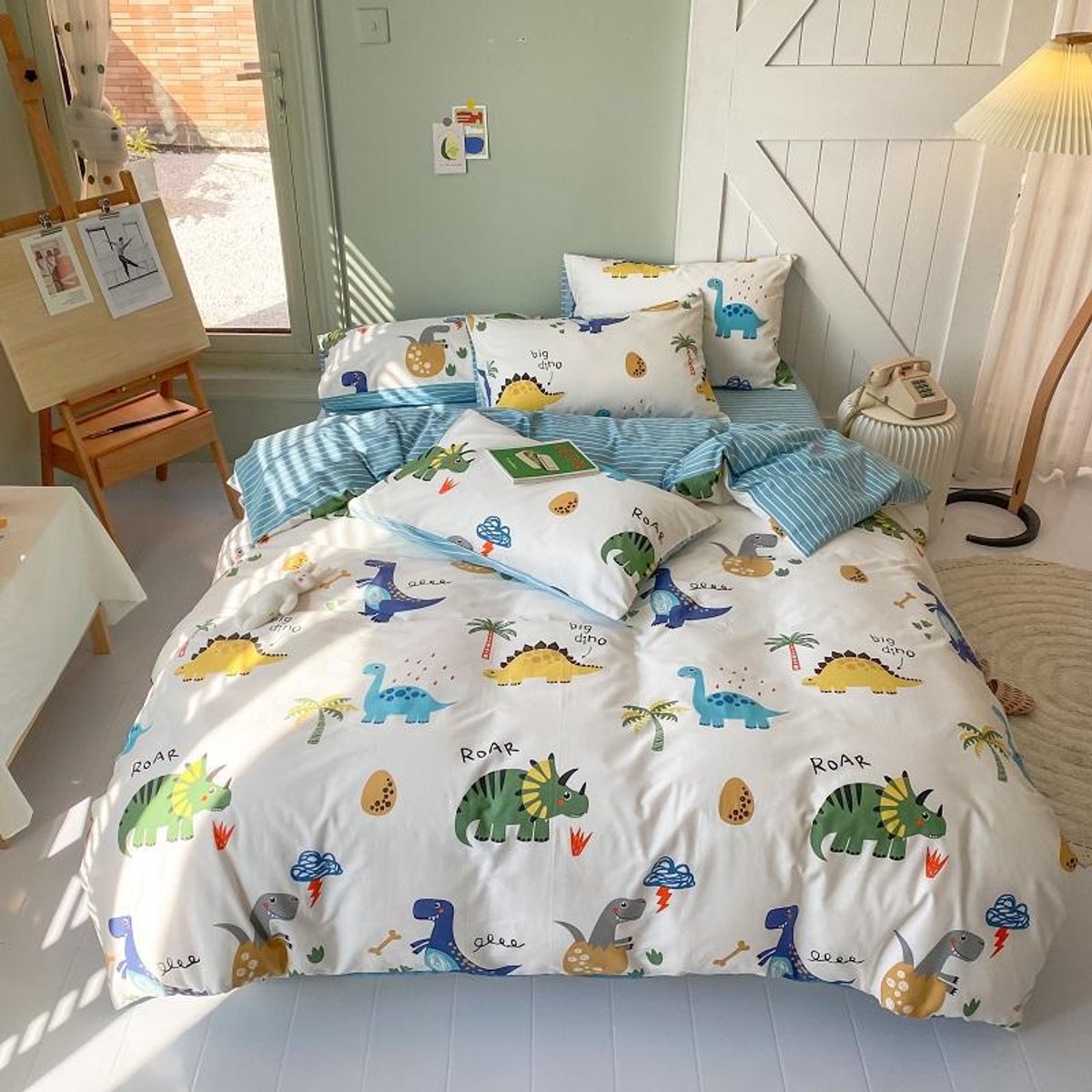 MAZAZU Kinderdekbedovertrek Set - Dinosaurus Print - Blauw