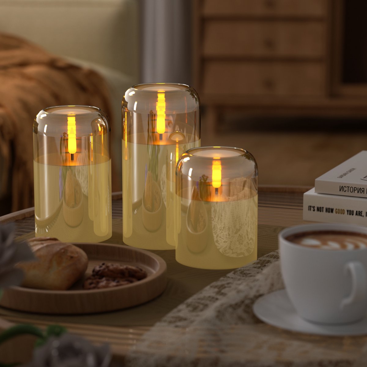 OMNIEXA LED Glaskaarsen Set (3 Stuks) -  3D Vlam - Gold/Amber Glas