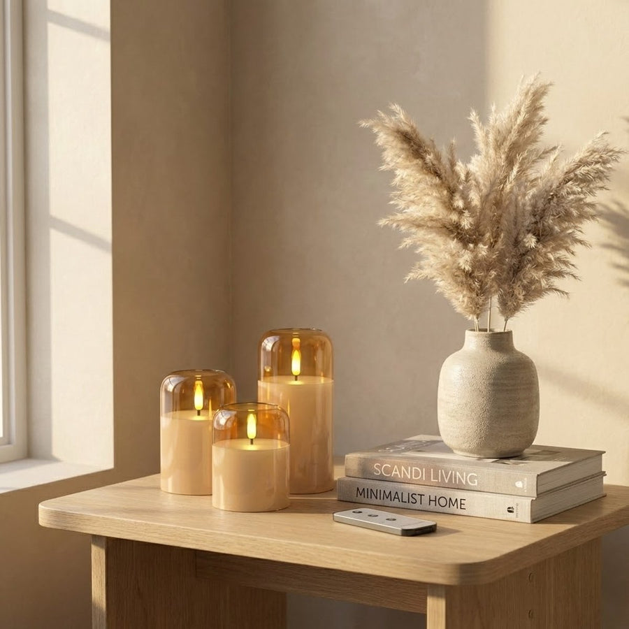 OMNIEXA LED Glaskaarsen Set (3 Stuks) -  3D Vlam - Gold/Amber Glas