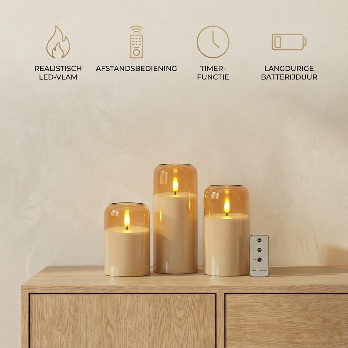 OMNIEXA LED Glaskaarsen Set (3 Stuks) -  3D Vlam - Gold/Amber Glas