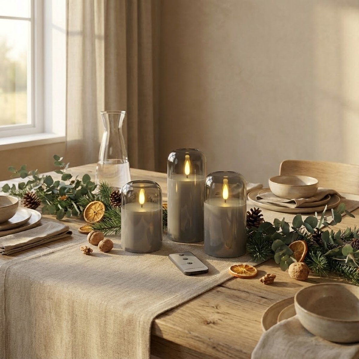 OMNIEXA LED Glaskaarsen Set (3 Stuks) -  3D Vlam - Smoked Grey / Rookglas