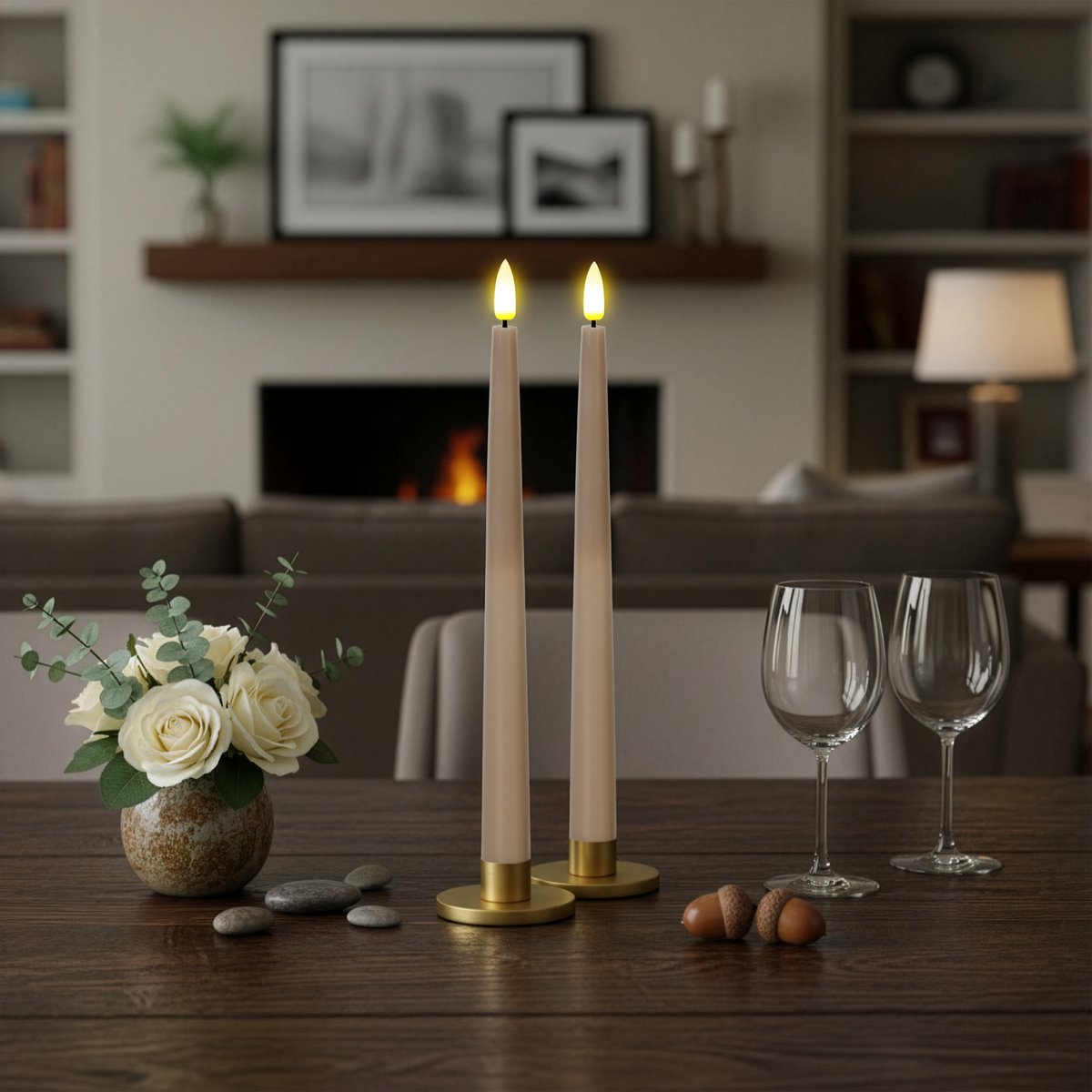 OMNIEXA LED Dinerkaarsen Set (2 Stuks) - Glad Design Taupe / Warm Grijs - 28cm
