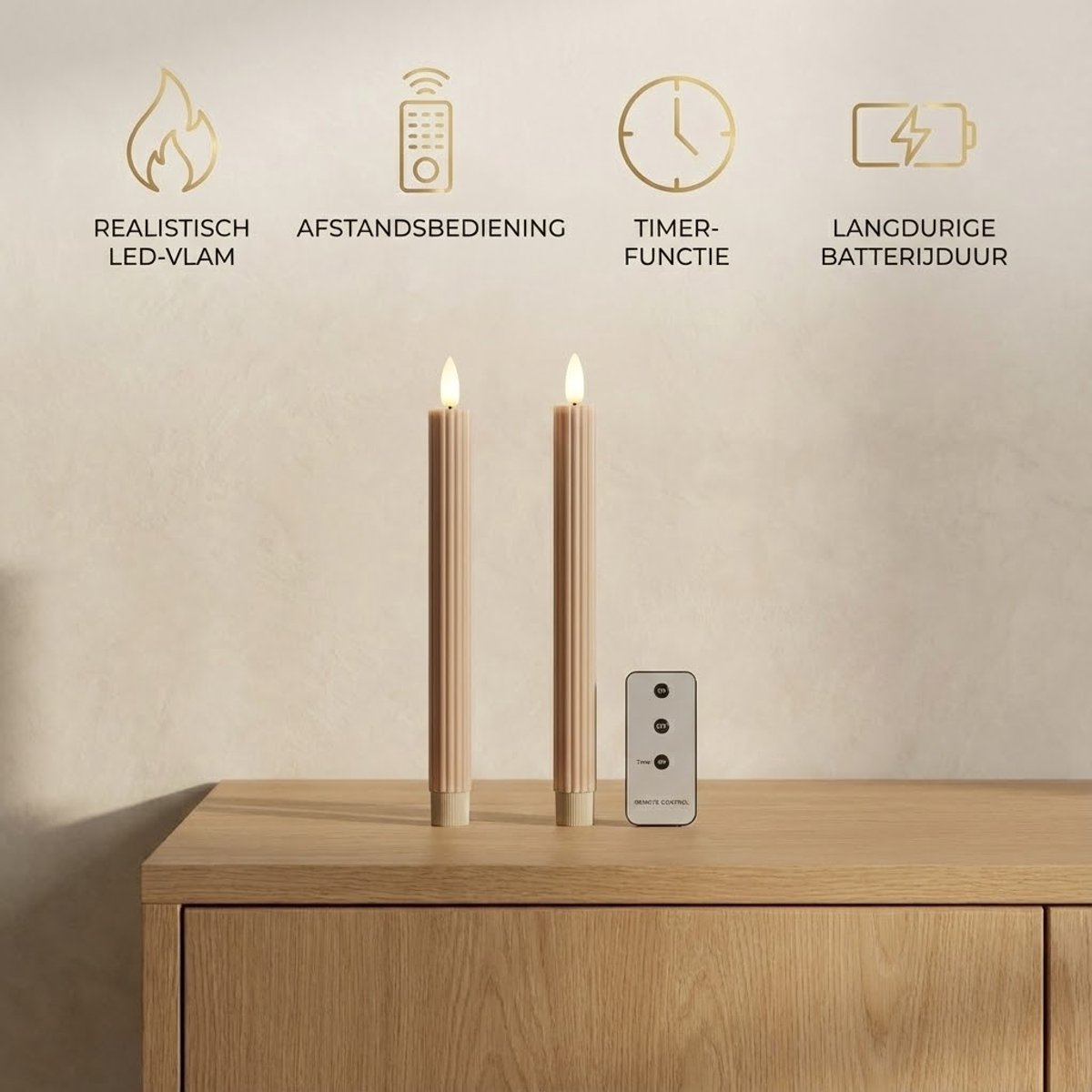 OMNIEXA LED Dinerkaarsen Set (2 Stuks) - Ribbed Design Taupe - 24,5cm