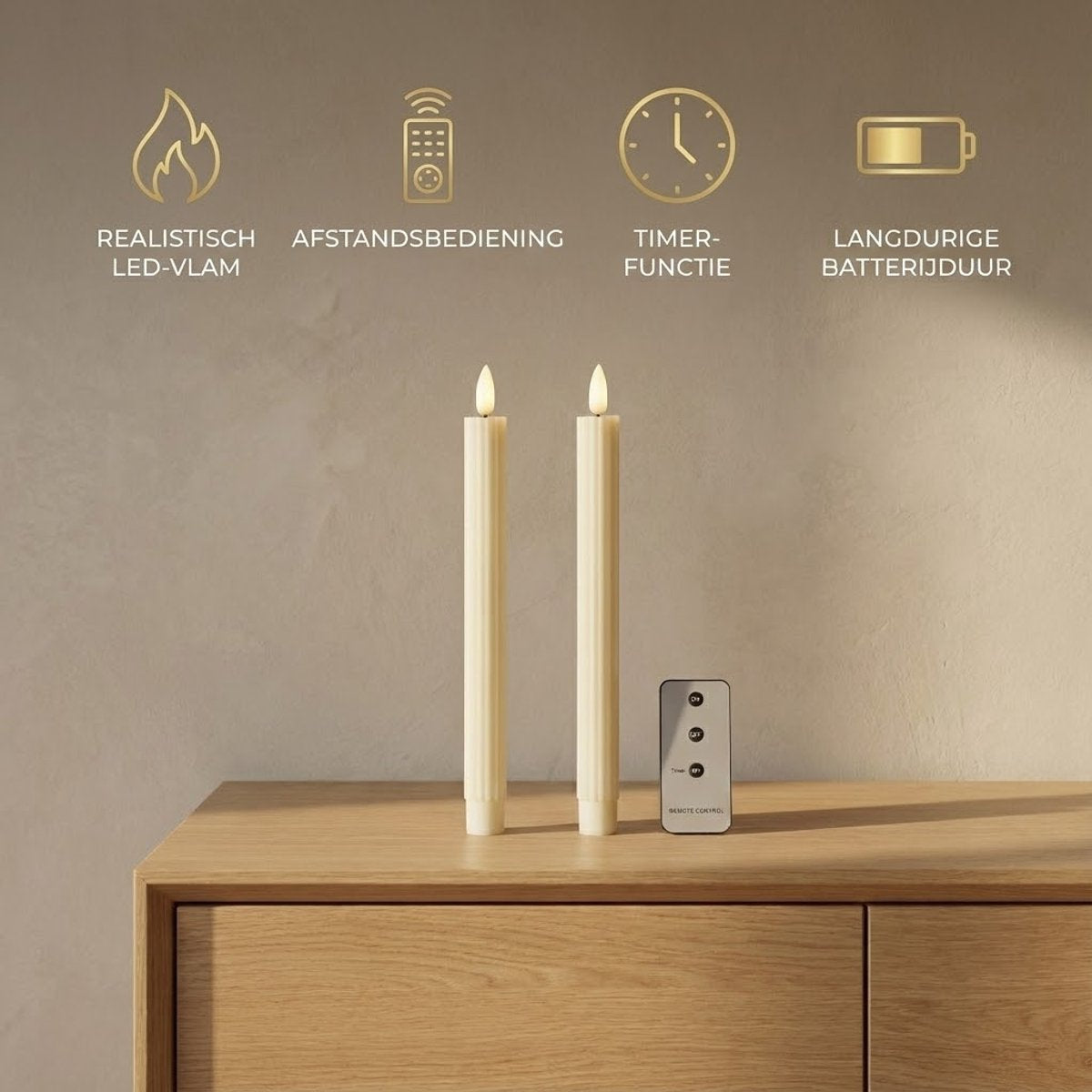 OMNIEXA LED Dinerkaarsen Set (2 Stuks) - Ribbed Design Crème - 24,5 cm