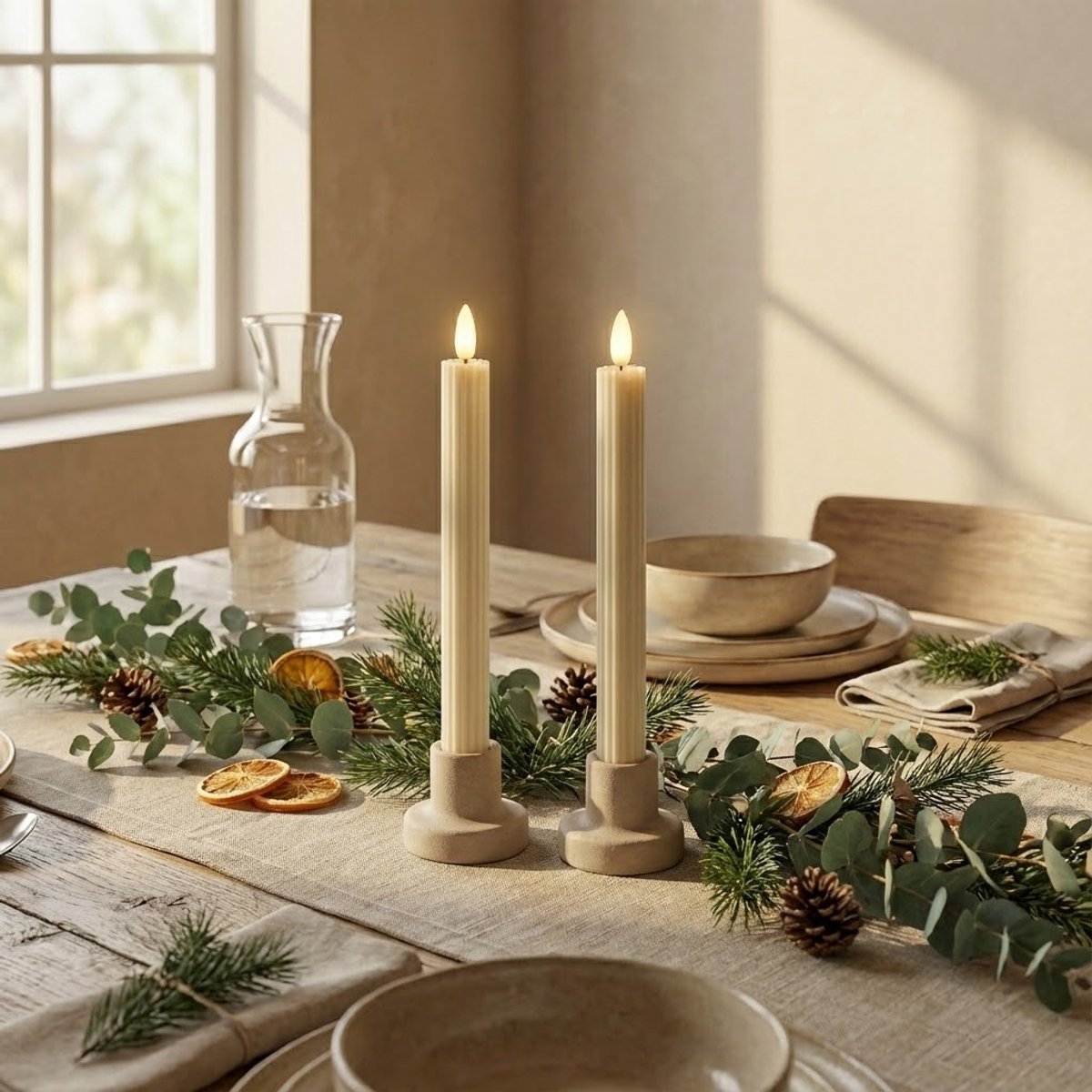 OMNIEXA LED Dinerkaarsen Set (2 Stuks) - Ribbed Design Crème - 24,5 cm