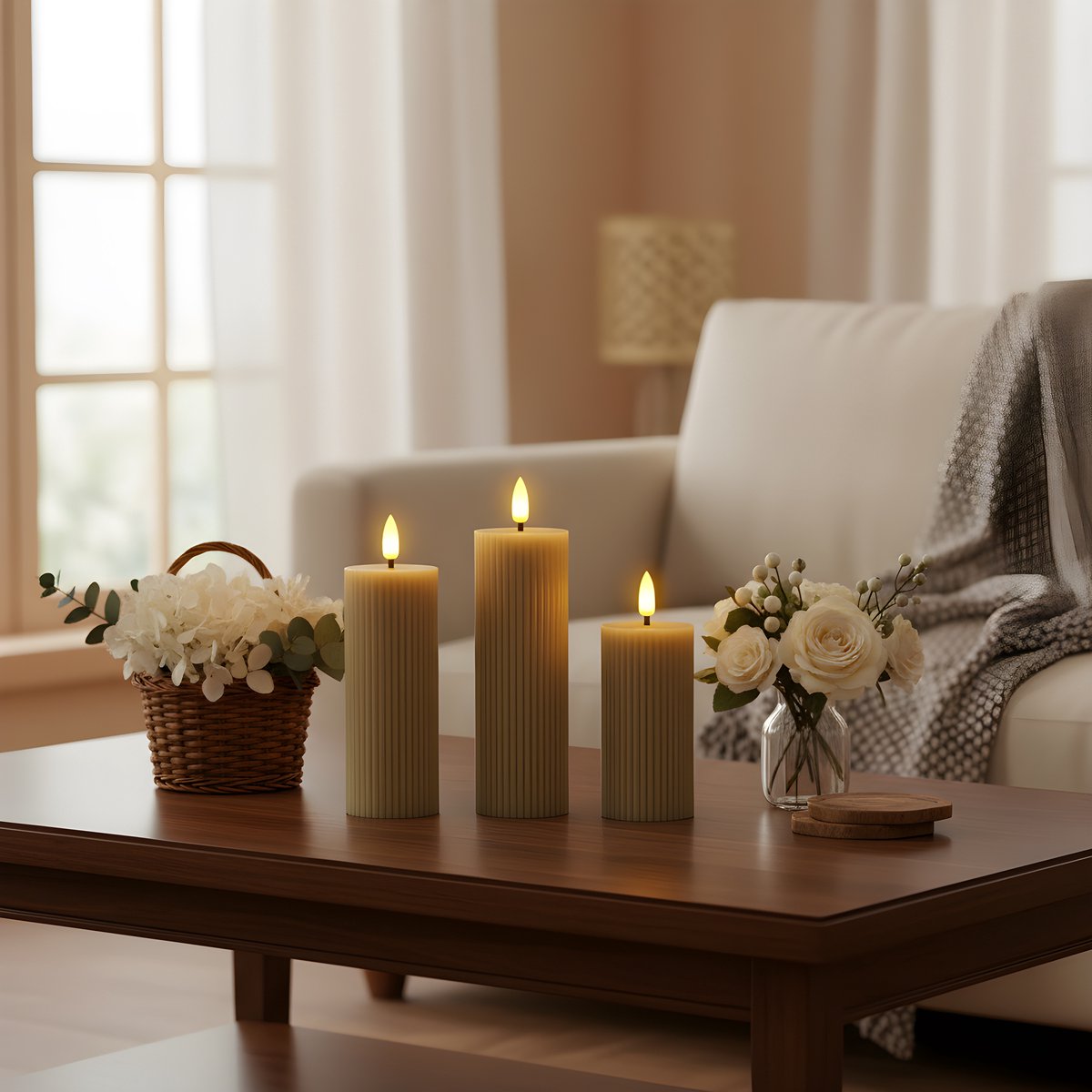 OMNIEXA LED Stompkaarsen Set (3 Stuks) - Ribbed Design Taupe / Grijs