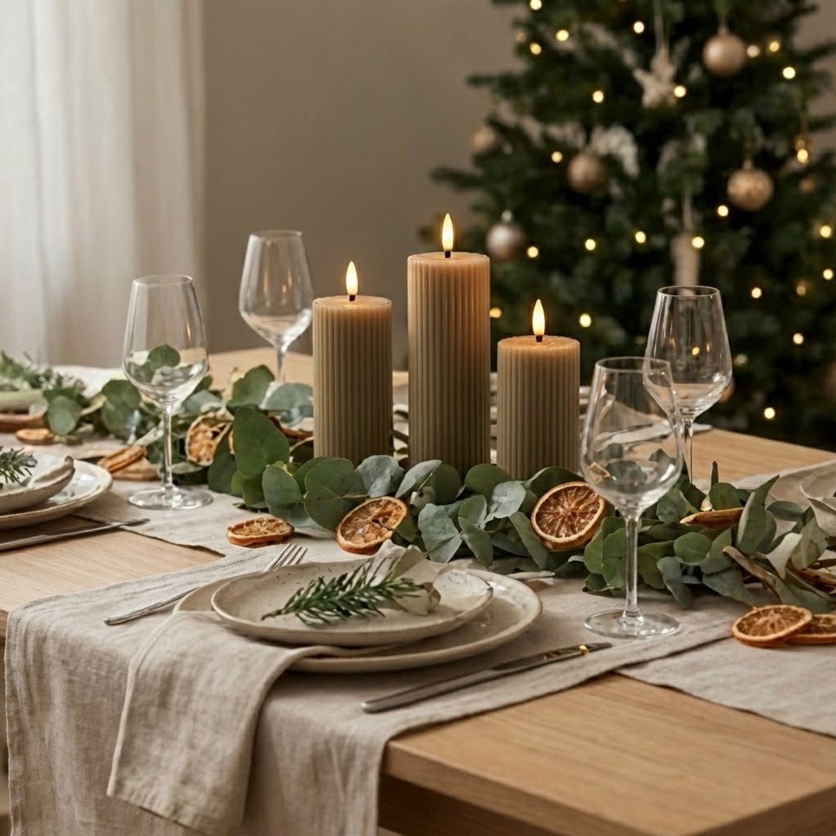 OMNIEXA LED Stompkaarsen Set (3 Stuks) - Ribbed Design Taupe / Grijs