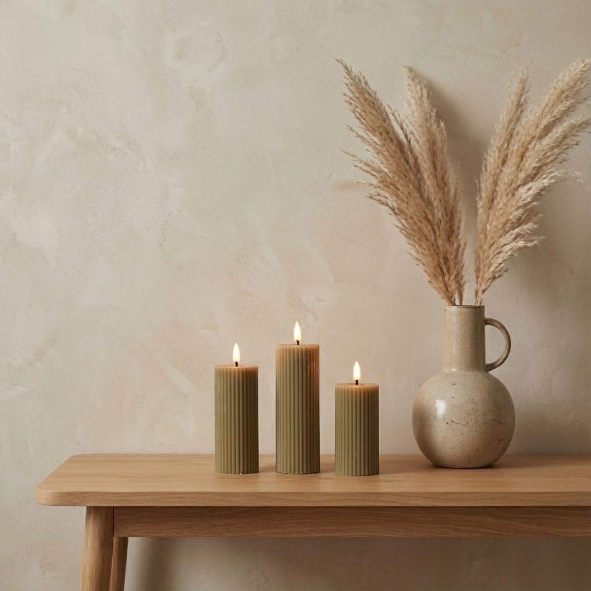 OMNIEXA LED Stompkaarsen Set (3 Stuks) - Ribbed Design Taupe / Grijs