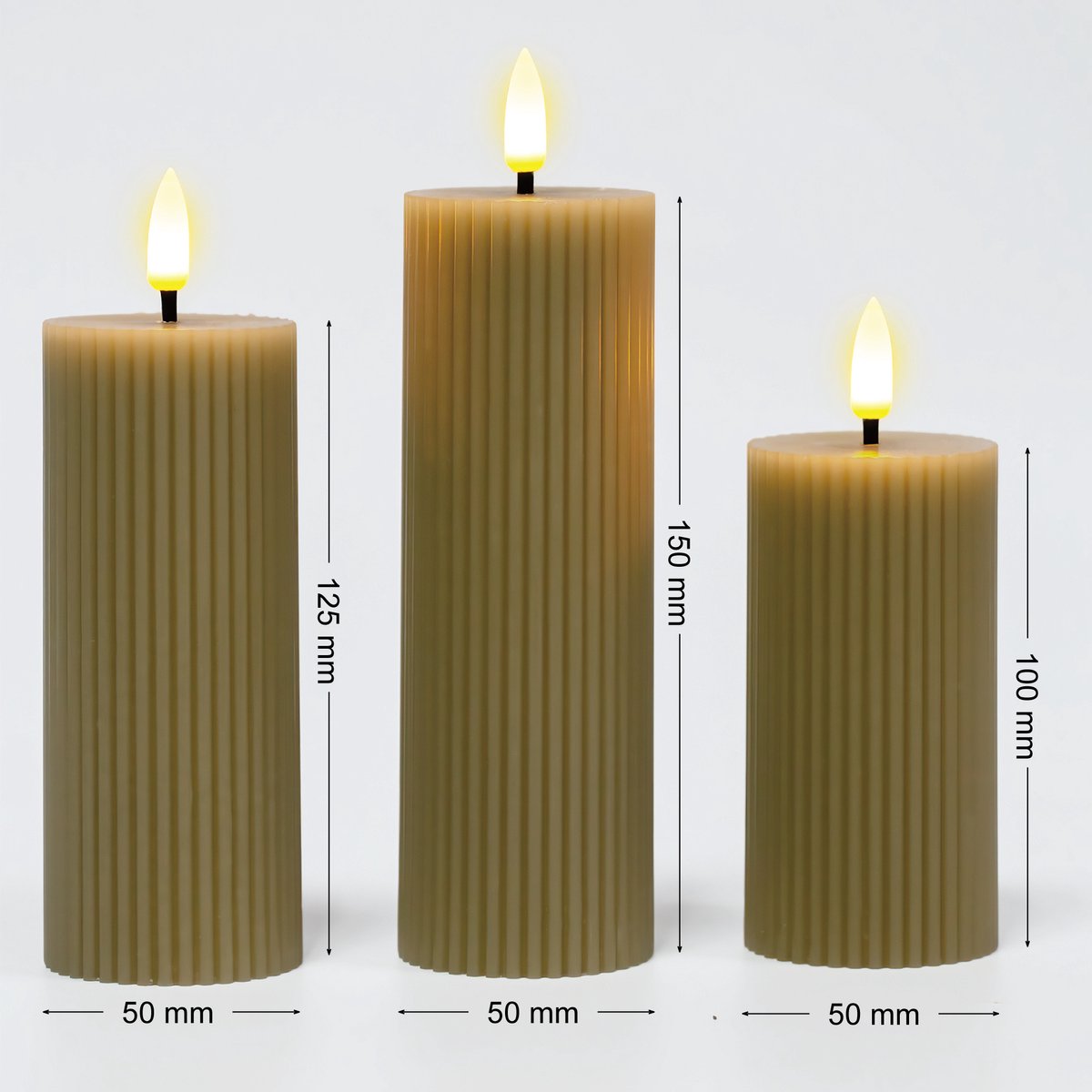 OMNIEXA LED Stompkaarsen Set (3 Stuks) - Ribbed Design Taupe / Grijs