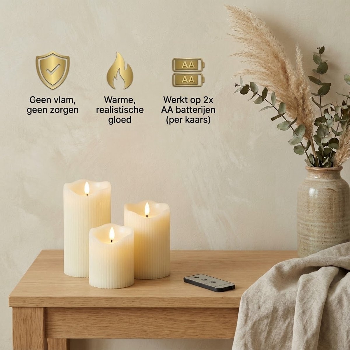 OMNIEXA LED Stompkaarsen Set (3 Stuks) - Wave Top & Glad Design - Crème