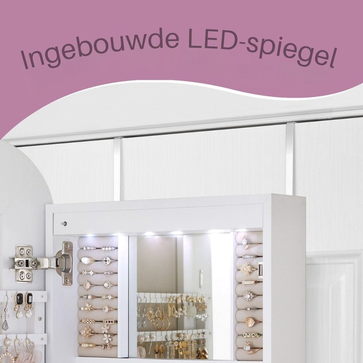 Sieraden-Wandkast met spiegel - Wit - 42x10x108