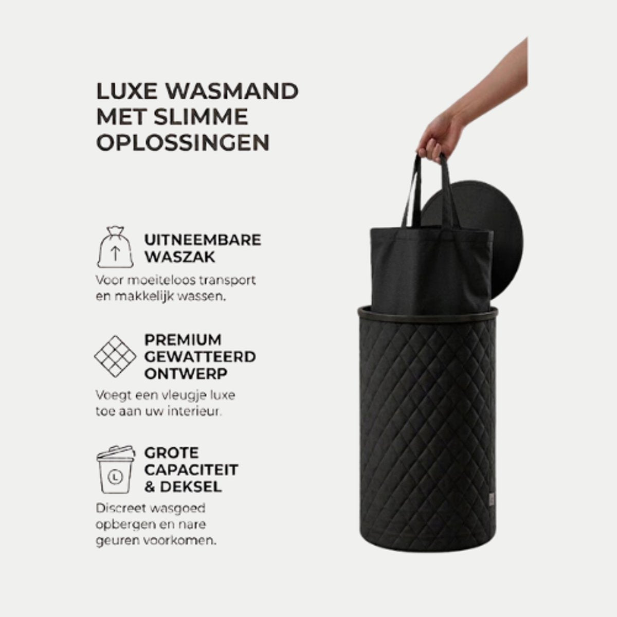 MAZAZU Wasmand Rond - 99 Liter - Diamond Stitch - Zwart - Met Deksel & Uitneembare Waszak - Hoog & Smal Design - 38x69 cm