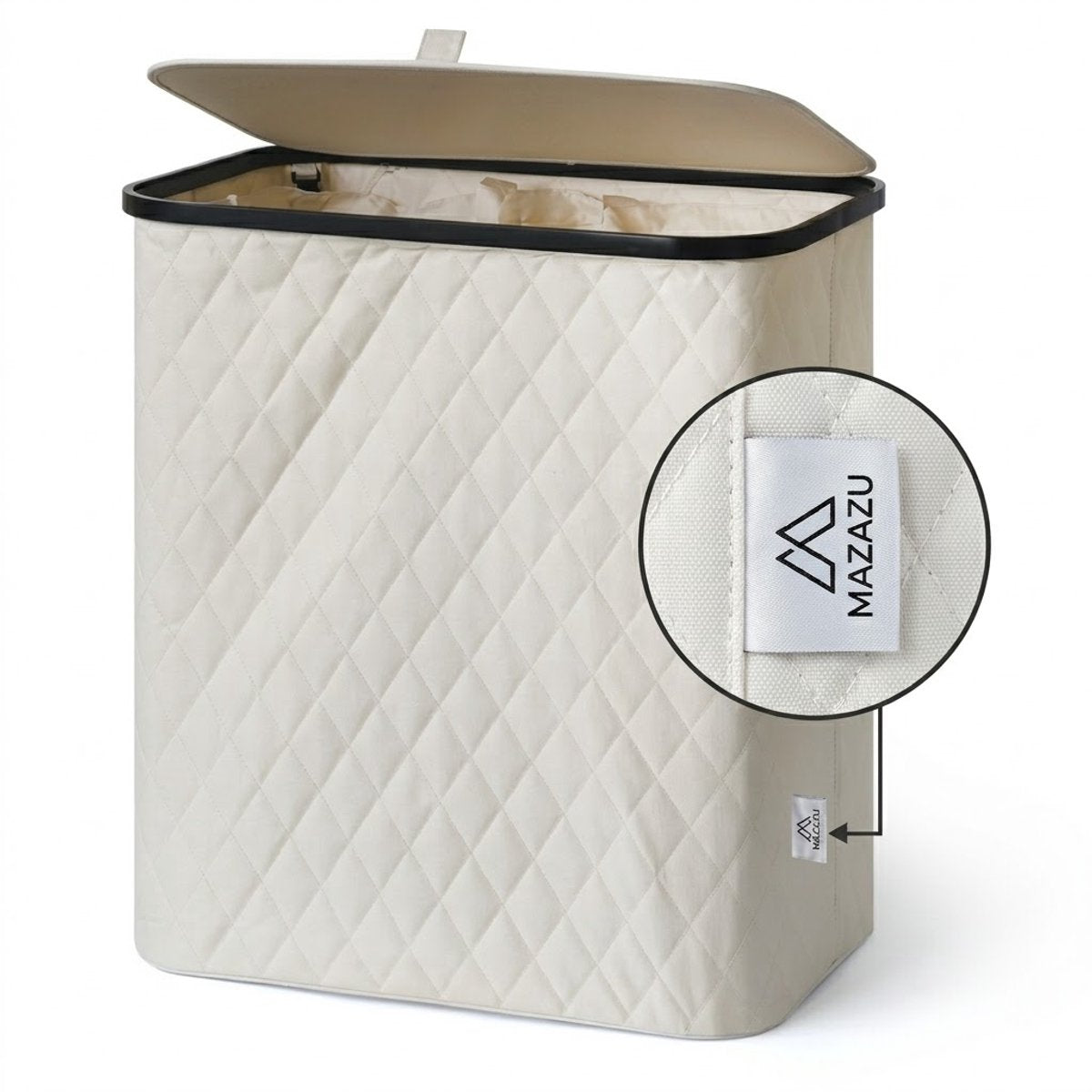 MAZAZU Wasmand met Deksel & Uitneembare Waszak - XXL 132 Liter - Diamond Stitch - Bamboe Frame - Crème Wit - 57x37x63 cm