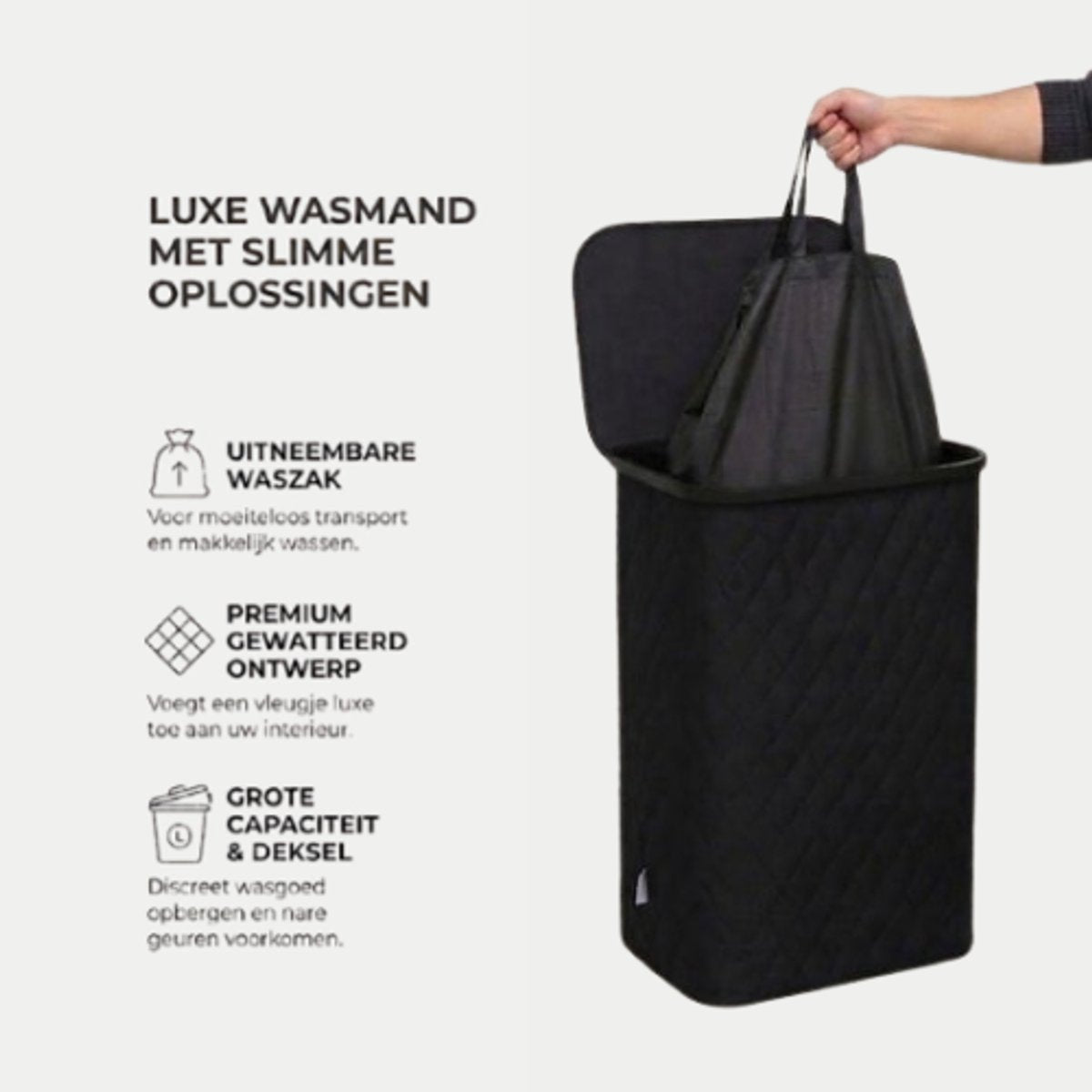 MAZAZU Wasmand met Deksel - Diamond Stitch - 100 Liter - Uitneembare Binnenzak - Bamboe Frame - Zwart - Opvouwbare Wasbox - 44x33x69 cm