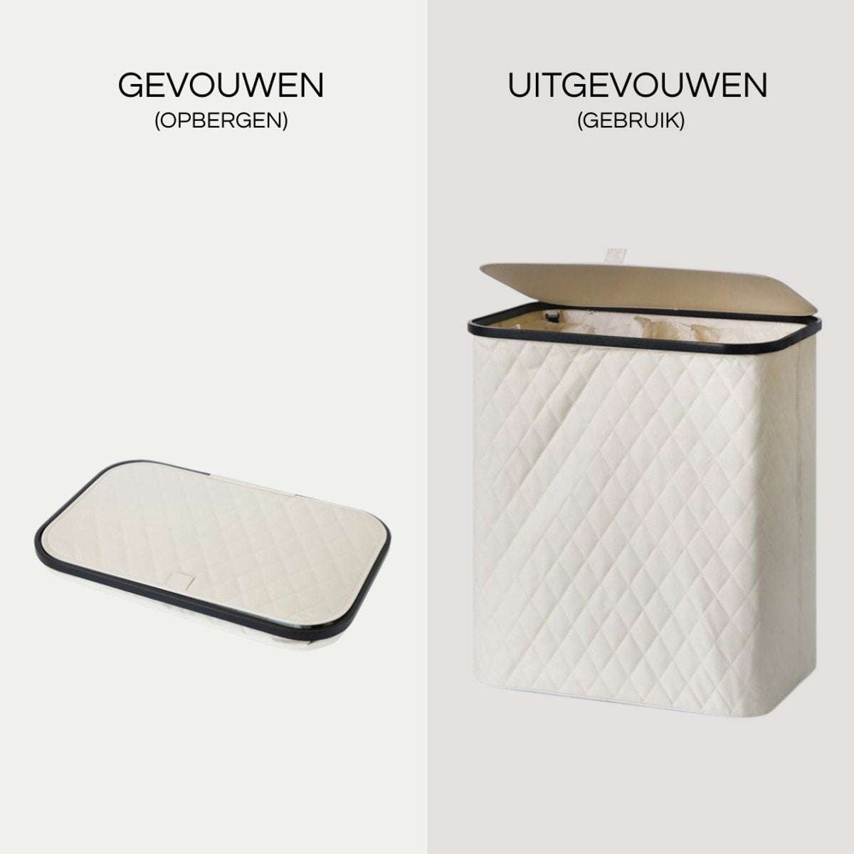 MAZAZU Wasmand met Deksel & Uitneembare Waszak - XXL 132 Liter - Diamond Stitch - Bamboe Frame - Crème Wit - 57x37x63 cm