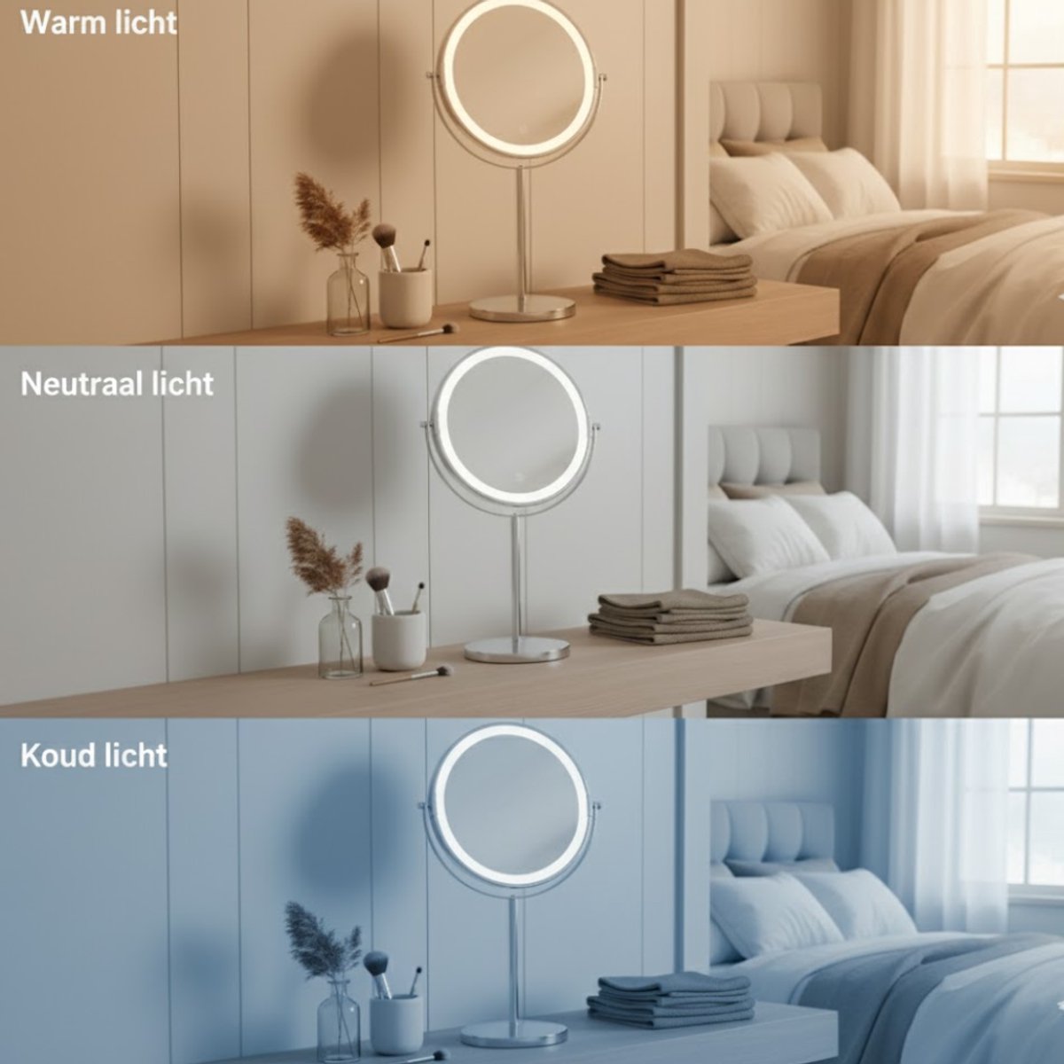 OMNIEXA ronde LED make-up spiegel Claíre - 3 lichtkleuren: warm, neutraal en koud licht