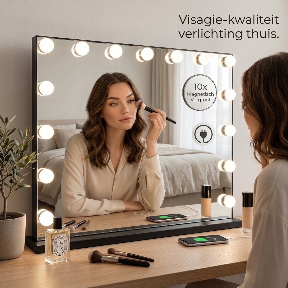 OMNIEXA Hollywood Spiegel 58x46cm - 15 LED Lampen - 3 Lichtkleuren - USB-C - Make Up Spiegel - Zwart