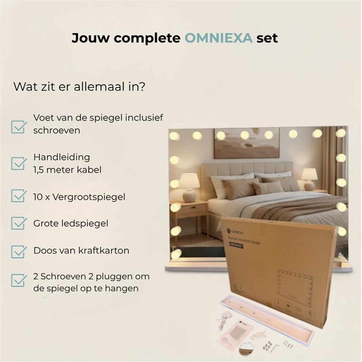 OMNIEXA Hollywood spiegel wit 58x46 cm met Bluetooth - complete set met verpakking