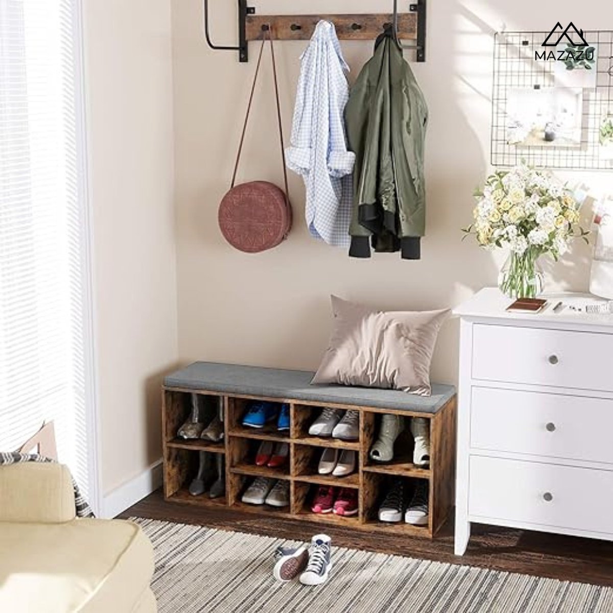 MAZAZU Vakken schoenenbank donkerhout Zyreon