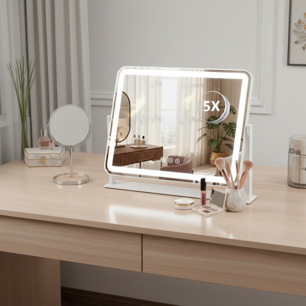 OMNIEXA Hollywood spiegel Chantally 40x30 cm met 5x vergrootspiegel op het bureau