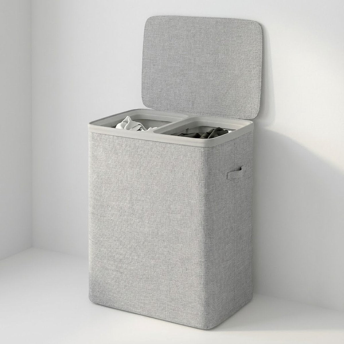 MAZAZU Wasmand met 2 Vakken - 100 Liter - Wassorteerder met Deksel - Uitneembare Waszakken - Lichtgrijs - Opvouwbare Wasbox voor Badkamer & Slaapkamer - 56×40×67 cm