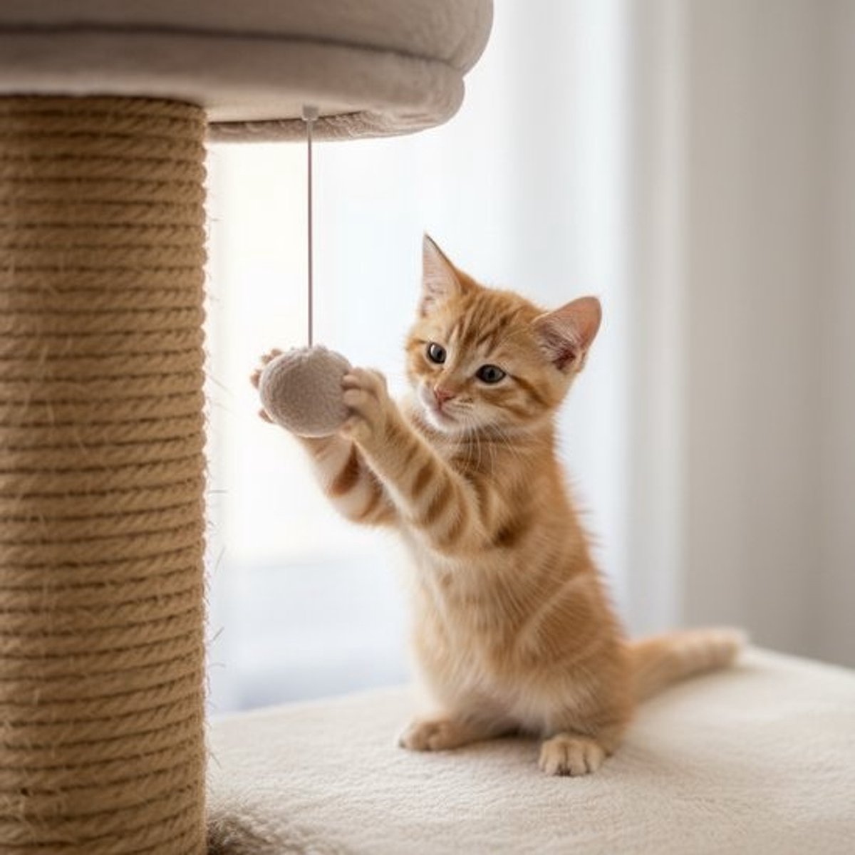 MAZAZU krabpaal Kyssara beige 135 cm - kitten speelt aan de sisal krabstam