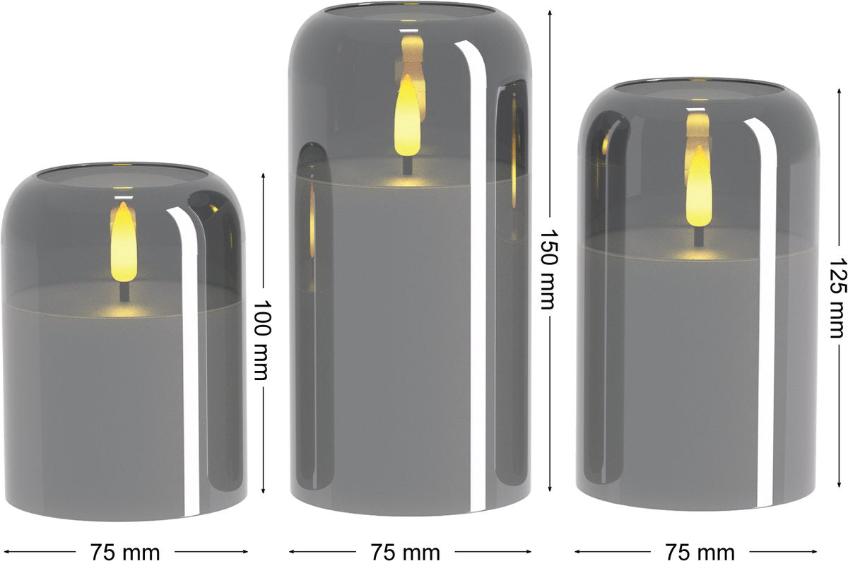 OMNIEXA LED Glaskaarsen Set (3 Stuks) -  3D Vlam - Smoked Grey / Rookglas