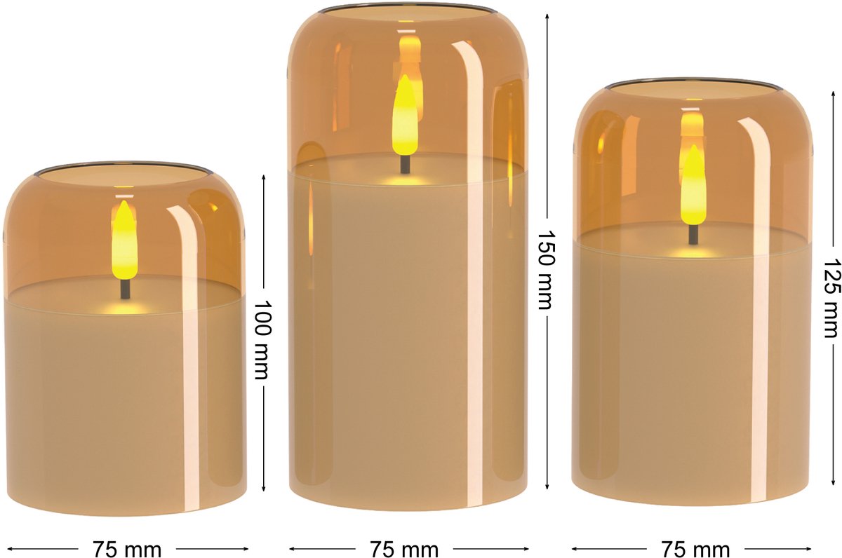 OMNIEXA LED Glaskaarsen Set (3 Stuks) -  3D Vlam - Gold/Amber Glas