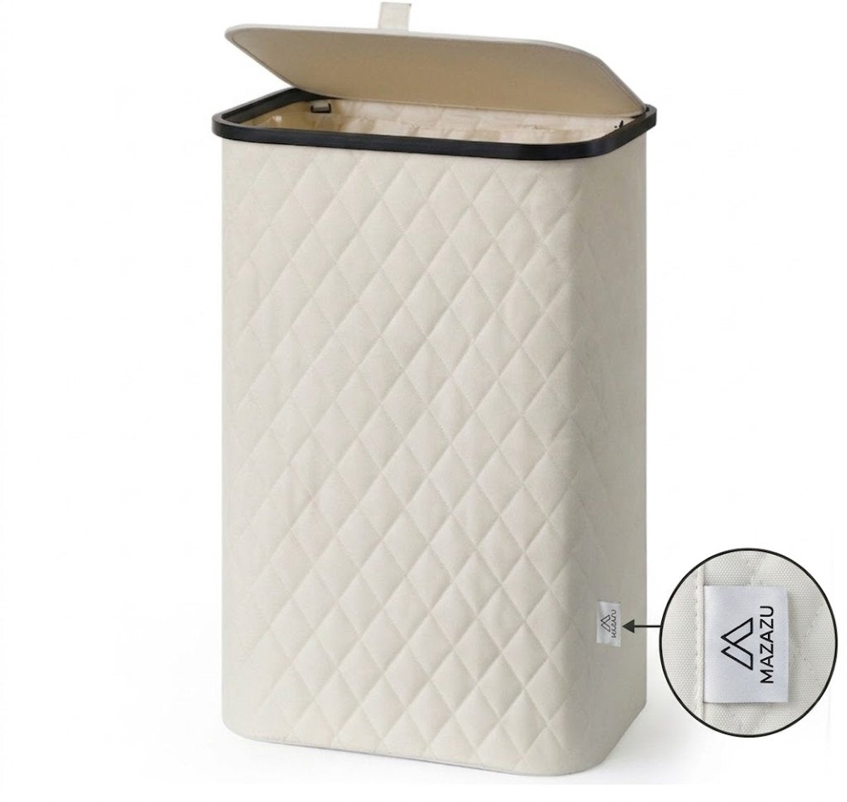 MAZAZU Wasmand met Deksel - 100 Liter - Uitneembare Binnenzak - Bamboe Frame - Crème Wit - Opvouwbare Wasbox - 44x33x69 cm