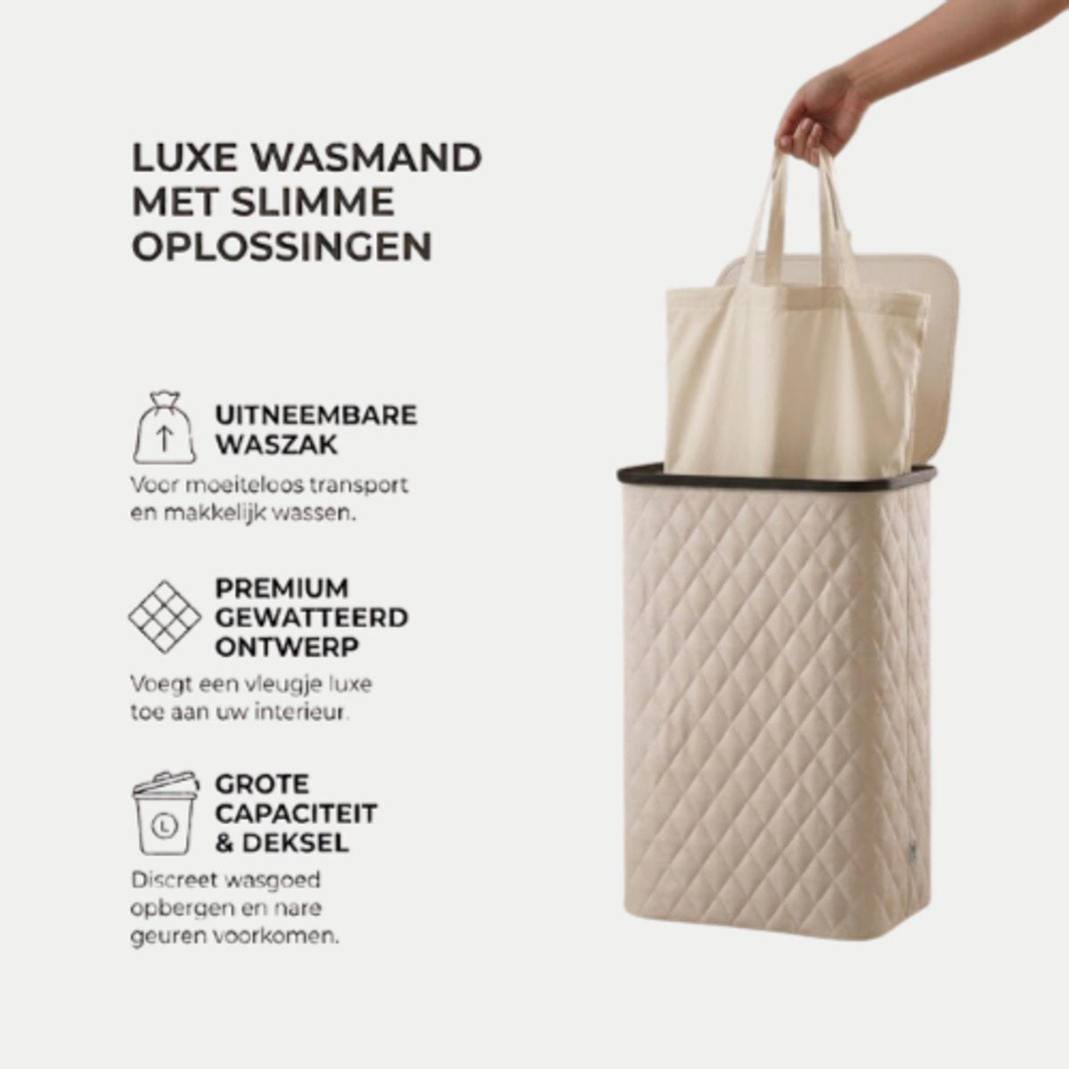 MAZAZU Wasmand met Deksel - 100 Liter - Uitneembare Binnenzak - Bamboe Frame - Crème Wit - Opvouwbare Wasbox - 44x33x69 cm