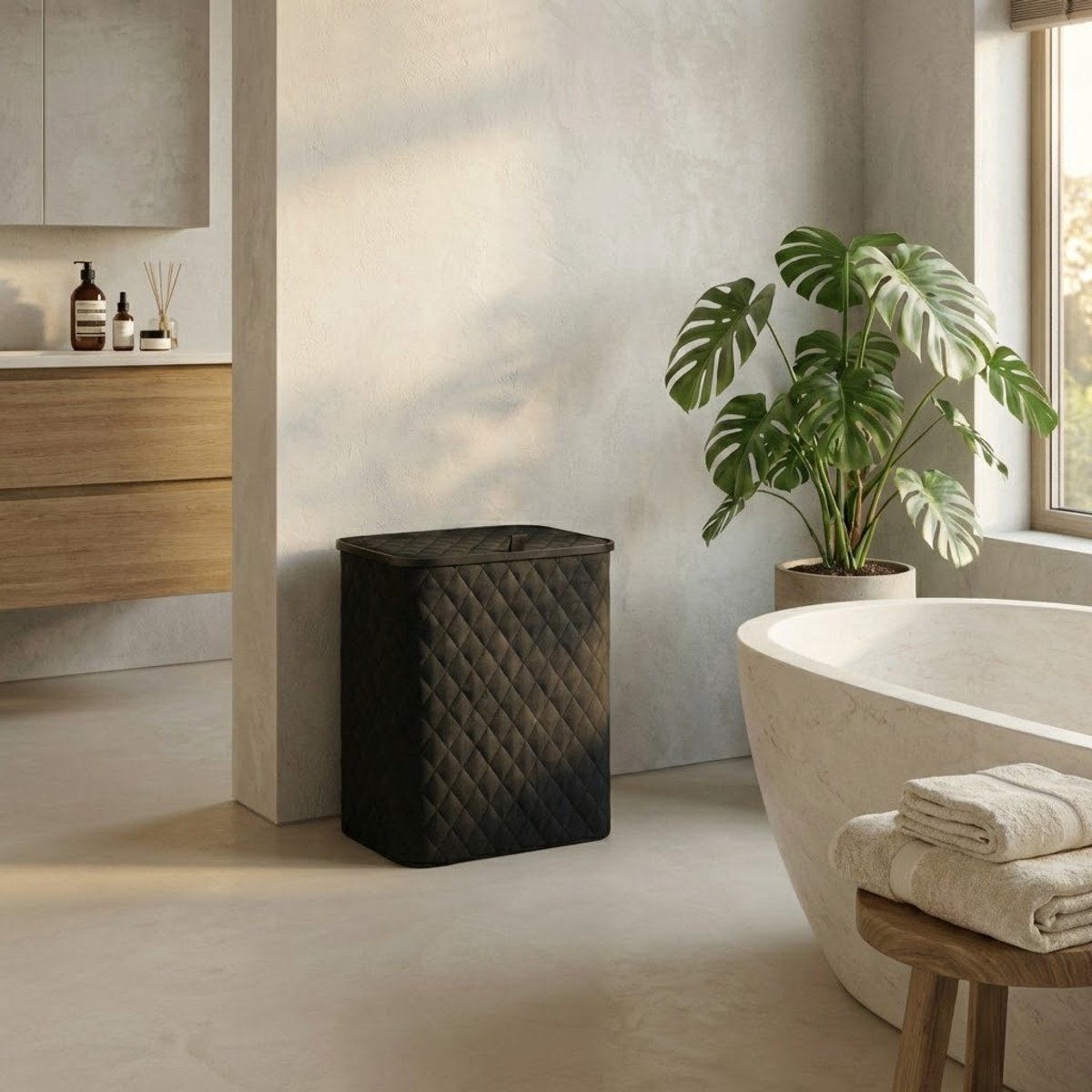 MAZAZU Wasmand met Deksel & Uitneembare Waszak - XXL 132 Liter - Diamond Stitch - Bamboe Frame - Zwart - 57x37x63 cm