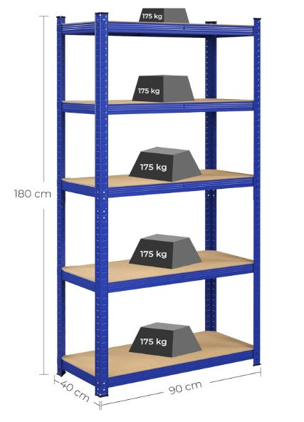 MAZAZU Stellingkast Blauw Staal - 90x40x180cm - 5 Niveaus - Industrieel Opbergrek
