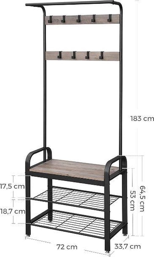 MAZAZU Garderoberek met Zitbank - Kapstok met Schoenenrek - 72x33,7x183 cm - Grijs Zwart