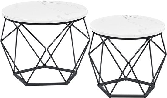 MAZAZU Set van 2 Ronde Bijzettafels, Marmerlook & Zwart, 50x40 cm – foto 2
