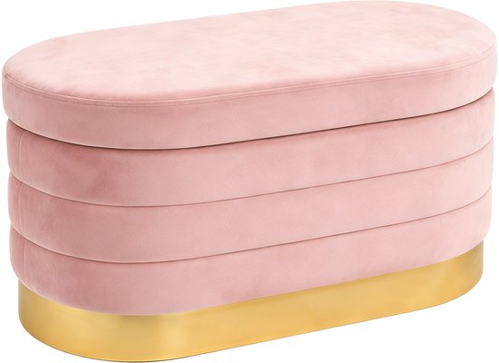 Opbergbank ovaal, roze velvet met goud