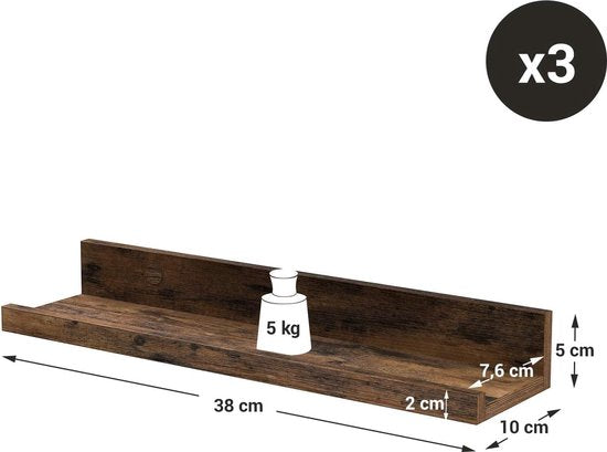 MAZAZU Wandplanken Set 3 Stuks - Vintage Bruin - 38x10cm - Muurplank Industrieel Design