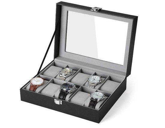 MIRA Home - Horlogedoos - Sieradendoos - Luxe - Zwart - Grijs - 25,4x20,2x7,8