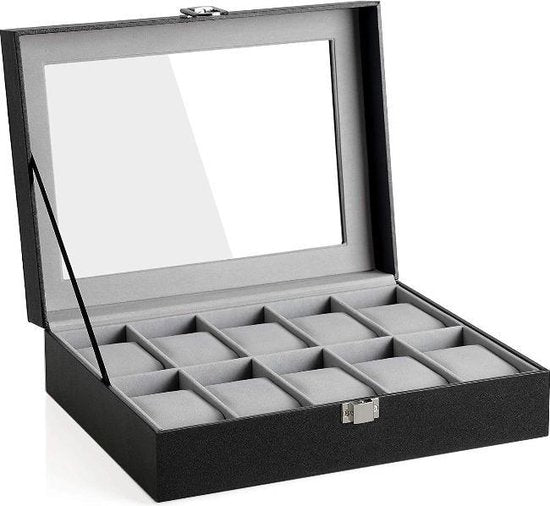 MIRA Home - Horlogedoos - Sieradendoos - Luxe - Zwart - Grijs - 25,4x20,2x7,8