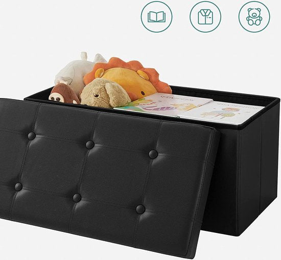 MAZAZU Opbergpoef Zwart Lederlook - 76cm - 300kg Draagvermogen - Voetenbank & Speelgoedkist