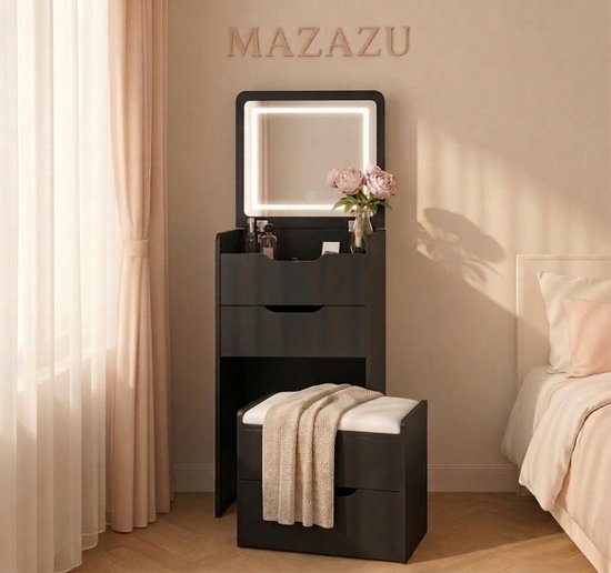 MAZAZU Kaptafel met LED-spiegel, Nachtkastje en Krukje - Zwart - 120x48x40 cm