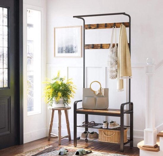 MAZAZU Kapstok met Schoenenrek, Industrieel, Bruin/Zwart, 72x34x183 cm
