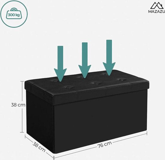MAZAZU Opbergpoef Zwart Lederlook - 76cm - 300kg Draagvermogen - Voetenbank & Speelgoedkist