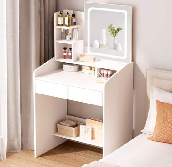 MAZAZU - Kaptafel met LED Spiegel - Dimbaar Licht - Make-up Tafel - Wit - 132 x 80 x 40 cm