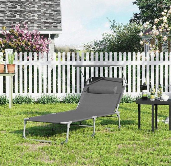 MIRA Home Ligbed met Zonnescherm - Verstelbaar - 193x32x63cm - Grijs - Tuinligstoel