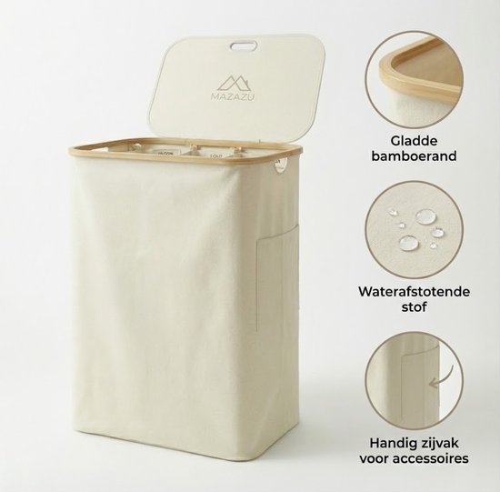 MAZAZU Wasmand 3 Vakken 150L met Deksel, Beige & Bamboe – foto 6