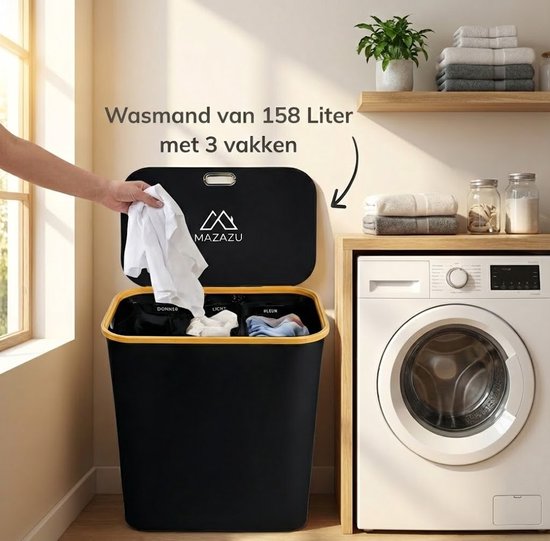 MAZAZU Wasmand met 3 Vakken - 150 Liter - Zwart & Bamboe - Wassorteerder met Deksel - Uitneembare Waszakken - Incl. Labels & Zijvak