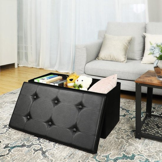 MAZAZU Opbergpoef Zwart Lederlook - 76cm - 300kg Draagvermogen - Voetenbank & Speelgoedkist